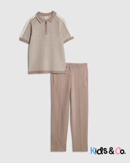 Boys Beige Geometric Print Polo Shirt Set